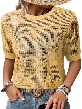 Yellow Short Sleeve Crochet Floral Top
